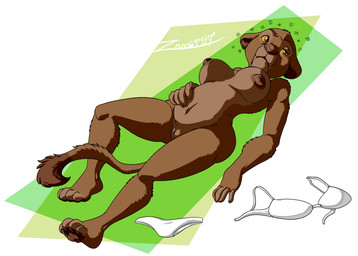 anthro big_breasts breasts clothing drunk female fur genitals lying nipples nude panties pose simple_background solo substance_intoxication underwear vulva zooshi disney the_lion_king sarabi_(the_lion_king) felid lion mammal pantherine digital_media_(artwork) hi_res pinup signature