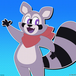 4_fingers ambiguous_gender anthro blue_background countershade_torso countershading dotted_background fangs featureless_chest featureless_crotch fingers gloves_(marking) gradient_background markings no_navel open_mouth open_smile pattern_background purple_eyes purple_tongue scarf simple_background smile solo striped_markings striped_tail stripes tail tail_markings teeth tongue waving_hand thatleroy98 indigo_park rambley_raccoon mammal procyonid raccoon 1:1 2024 dated hi_res portrait three-quarter_portrait watermark male_(lore)