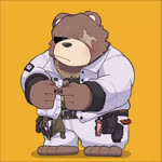 anthro barefoot bottomwear brown_body brown_fur chibi clothing facial_scar feet fur jacket male missing_eye pants scar shy solo topwear white_bottomwear white_clothing white_jacket white_pants white_topwear p0ag5jtekl42868 mihoyo zenless_zone_zero ben_bigger bear mammal 1:1 animated high_framerate short_playtime sound webm