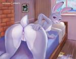 anthro anus bed big_butt butt female furniture genitals hand_on_butt presenting purple_eyes pussy solo window aponty disney zootopia judy_hopps lagomorph leporid mammal rabbit 2019 signature