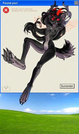 anthro black_hair black_nipples black_nose breasts cybernetic_arm cybernetic_limb cybernetics cyberpunk fangs female fur genitals glowing glowing_eyes glowing_horn hair horn looking_at_viewer machine multi_eye multicolored_body multicolored_fur nipples nude nude_anthro nude_female prosthetic prosthetic_arm prosthetic_limb red_eyes simple_background small_breasts solo teeth three-quarter_view vulva errokioslem microsoft microsoft_windows windows_xp full-length_portrait hi_res portrait