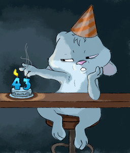 anthro birthday birthday_cake birthday_candle bored buckteeth cake candle clothing dessert feet food fur furniture hat headgear headwear male party_hat simple_background sitting solo table teeth toes hareluca lagomorph leporid mammal rabbit absurd_res digital_media_(artwork) hi_res