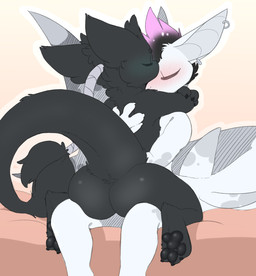 3_toes anthro black_body blush butt claws duo ear_piercing eyes_closed feet fur hair hindpaw hug male male/male nude pawpads paws piercing pink_hair simple_background sitting soles tail toe_claws toes white_body backsash mythology sash_(backsash) aquatic dragon fish hybrid mammal mythological_creature mythological_scalie scalie shark 2019 absurd_res digital_media_(artwork) hi_res