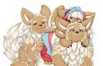 blush brown_body brown_fur clothing feral fluffy fluffy_tail fur group hair mane neck_tuft smile tail trio tuft white_body white_fur white_hair wide_hips yellow_eyes neo_geppetto made_in_abyss nanachi canid canine canis lagomorph leporid mammal narehate rabbit absurd_res digital_media_(artwork) hi_res