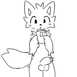 4_fingers anthro arm_tuft black_nose blush blush_lines cellphone cheek_tuft collar electronics facial_tuft fingers fluffy fluffy_tail foreskin fur genitals half-erect head_tuft holding_cellphone holding_object holding_phone looking_at_object looking_at_phone male penis phone shoulder_tuft simple_background smartphone solo standing tail toony tuft unretracted_foreskin white_background white_body white_fur third-party_edit unknown_artist silly_cat_(mauzymice) domestic_cat felid feline felis mammal 1:1 2026 line_art low_res monochrome