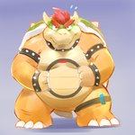 1:1 2020 2_horns anthro belly blush bowser hi_res horn humanoid_hands kemono koopa lates mario_bros nintendo overweight overweight_anthro ring_fit_adventure scalie simple_background solo
