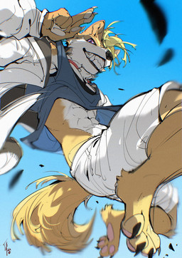 4_toes 5_fingers abs action_pose anthro athletic athletic_anthro athletic_male barefoot biped black_claws blonde_hair blue_background blue_clothing blue_shirt blue_topwear bottomwear claws closed_smile clothed clothed_anthro clothed_male clothing countershade_arms countershade_face countershade_neck countershade_torso countershading feet fingerpads fingers front_view fully_clothed fully_clothed_anthro fully_clothed_male fur gesture gums hair hand_gesture jacket looking_at_viewer looking_down looking_down_at_viewer male mouth_closed multicolored_body multicolored_fur navel open_clothing open_jacket open_topwear pawpads pink_pawpads plantigrade pose purple_eyes shirt shorts simple_background sleeveless_shirt smile snout solo tail tan_claws tan_pawpads teeth toe_claws toes toothy_grin topwear two-finger_salute two_tone_body two_tone_fur white_body white_bottomwear white_clothing white_countershading white_fur white_jacket white_shorts white_topwear yellow_body yellow_fur chiayeeee canid mammal 2026 chromatic_aberration digital_drawing_(artwork) digital_media_(artwork) full-length_portrait hi_res portrait signature