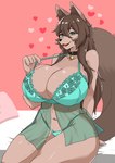 anthro bed big_breasts blue_clothing bra breasts clothing female furniture hair happy huge_breasts long_hair looking_at_viewer navel panties smile solo strap_pull translucent translucent_clothing underwear wozzu1 sara_(athom) canid canine canis mammal wolf hi_res