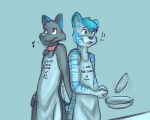 anthro apron apron_only black_body black_fur blue_background blue_hair blue_stripes butt butt_grab clothing collar cooking cookware duo exclamation_point food frying_pan fur grope hair hand_on_butt humor kitchen_utensils leucistic male mostly_nude pancake profanity simple_background smile standing stripes text text_on_apron text_on_clothing tools white_body white_fur bastionshadowpaw storm-tiger canid canine canis felid mammal pantherine tiger wolf 5:4 blue_theme digital_media_(artwork) english_text paint_tool_sai_(artwork) restricted_palette