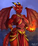 anthro biped breasts clothing eyebrows eyelashes female fingers fire horn membrane_(anatomy) membranous_wings non-mammal_breasts red_body solo tail text wings brushstroke mythology dragon mythological_creature mythological_scalie scalie 2024 artist_name digital_media_(artwork) hi_res