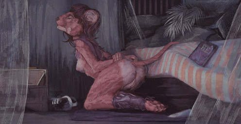 anthro bed book boots breasts claws clothing curtains cybernetics ears_back electronics emotional evening female fluffy footwear furniture genitals hair implantation inside knot light looking_at_viewer lying machine medium_breasts nude on_back on_lap palms phone pivoted_ears priest prosthetic shoes sitting sitting_on_lap snout solo tail text vaginal vulva alex-dep-998 cyborg mammal mouse murid murine rodent 2026 artist_name digital_media_(artwork) hi_res