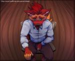 5_fingers anthro biped blue_eyes bulge clothed clothing fingers hair high-angle_view inside male red_hair sitting solo text johnfreak rebel_nightwolfe canid canine fox mammal 2016 digital_media_(artwork) paint_tool_sai_(artwork) url