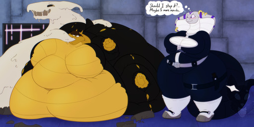 3_fingers 3_toes ambiguous_gender anthro belly belt big_belly big_breasts big_tail biped black_bodysuit black_clothing black_skinsuit bodysuit boots breasts brown_hair cleavage_cutout clothing countershade_scales countershade_torso countershading crossed_arms cutout deep_navel dungeon feet female female_anthro fingers footwear force_feeding forced furgonomic_piercing furgonomics group hair huge_belly huge_breasts huge_tail hyper hyper_belly immobile morbidly_obese morbidly_obese_anthro morbidly_obese_female navel obese obese_anthro obese_female orange_body orange_countershading orange_scales overweight overweight_anthro overweight_female piercing purple_stripes questionable_consent scales shoes skinsuit snake_hood stripes tail text thick_tail thick_thighs thought_bubble tight_clothing toes trio white_body white_boots white_clothing white_footwear white_scales strawberrymilkdog mythology tyra_(kmn01) vela_(zomb123) cobra dragon goo_creature mythological_creature mythological_scalie reptile scalie snake english_text hi_res