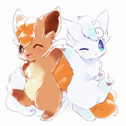 3_fingers 3_toes ambiguous_gender anthro anthrofied biped blue_eyes brown_body brown_ears brown_eyes brown_fur brown_inner_ear brown_inner_ear_fluff chest_tuft chibi countershade_fur countershade_torso countershading cute_fangs digitigrade duo fangs featureless_crotch feet fingers fluffy fluffy_tail front_view fur glistening glistening_body glistening_fur gloves_(marking) hand_holding head_tuft hindpaw inner_ear_fluff kemono leg_markings looking_at_viewer markings monotone_body monotone_fur monotone_tail multi_tail multicolored_body multicolored_fur nude on_one_leg one_eye_closed open_mouth open_smile orange_body orange_fur orange_tail pawpads paws pink_pawpads pokemorph pose pupils semi-anthro simple_background smile socks_(marking) standing tail tan_body tan_countershading tan_fur teeth three-quarter_view toes tuft white_background white_body white_ears white_fur white_inner_ear white_inner_ear_fluff white_pupils white_tail wink young young_anthro suppainu nintendo pokemon alolan_form alolan_vulpix canid canine generation_1_pokemon generation_7_pokemon mammal pokemon_(species) regional_form_(pokemon) vulpix 1:1 colored digital_media_(artwork) full-length_portrait hi_res portrait shaded