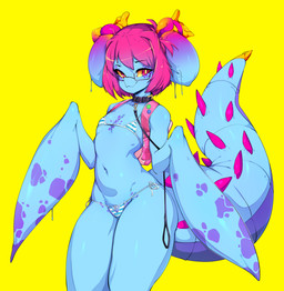 anthro backpack bikini blue_body blue_skin clothed clothing collar eyewear female flat_chested glasses hair leash looking_at_viewer monster_girl_(genre) navel pink_eyes pink_hair short_hair simple_background smile solo standing swimwear two-piece_swimsuit yellow_background yellow_sclera slugbox ctenophorae cteno monster absurd_res hi_res