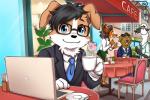 3:2 anthro apple_inc. apple_macintosh background_character black_hair blue_eyes blue_necktie business_suit cafe canid canine canis clothed clothing container coronta_(tenshoku_safari) cup domestic_dog eyewear fur glasses group hair holding_container holding_cup holding_object macbook male mammal maruyama_(artist) multicolored_body multicolored_fur napkin_holder necktie official_art saucer suit tenshoku_safari