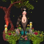 anthro black_hair black_nose blue_eyes breasts choker female garden hair jewelry necklace night nude outside plant solo tree caravanvinci sila_dione mammal procyonid raccoon 1:1 3d_(artwork) digital_media_(artwork) hi_res