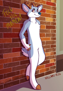 anthro antlers big_ears blue_body blue_fur brown_antlers brown_eyes fur horn male short_tail tail white_body white_fur hallamo-h deer mammal absurd_res hi_res