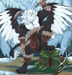 anthro axe barbarian barbarian_outfit beak big_wings claws cold fluffy fluffy_hair fluffy_tail fur hair male muscle_size_difference muscular muscular_anthro muscular_arms muscular_male snow solo steel tail weapon wings winter xsissa mythology accipitrid accipitriform avian bird eagle gryphon hybrid mythological_avian mythological_creature hi_res