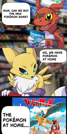 dialogue fur game_case red_body red_scales scales text white_body white_fur yellow_body yellow_fur surryfox bandai_namco digimon game_freak gamestop nintendo palworld pickmon_(series) pocketpair pokemon scaley_(character) canid digimon_(species) guilmon mammal pickmon renamon scalie 2026 comic english_text hi_res meme