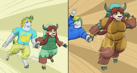 2_panel_comic 3_fingers 5_fingers accessory adolescent age_difference age_progression aged_up anthro anthrofied armband arms_bent back_hump beads big_breasts big_hump black_nose blonde_eyebrows blonde_hair blue_body blue_clothing blue_eyes blue_fur blue_shirt blue_topwear bottomwear bracelet braided_pigtails breasts brown_body brown_eyes brown_fur brown_hair canon_x_oc clothed clothed_anthro clothed_female clothed_male clothing colored_nails duo eyebrows fat_hump fatty_humps feathering female female_anthro fingernails fingers fist fully_clothed fully_clothed_anthro fully_clothed_female fully_clothed_male fur gold_(metal) gold_bracelet gold_jewelry green_armband green_bottomwear green_clothing green_hair green_shawl green_shirt green_skirt green_tail green_topwear grey_fingernails grey_hooves grey_horn grey_nails hair hair_accessory hair_beads hand_holding hoof_hands hooves horn huge_hump humor hump_blanket humped_back jewelry larger_anthro larger_female larger_male light logo long_hair male male_anthro multicolored_body multicolored_fur multicolored_hair muscular muscular_anthro muscular_male nails navel_outline older_anthro older_male open_mouth open_smile orange_clothing orange_romper_suit pockets romper_suit running shirt shorts shoulder_hump simple_background size_difference skirt slightly_chubby slightly_chubby_anthro slightly_chubby_female smaller_anthro smaller_female smaller_male smile smiling_at_another tail tan_body tan_fur thick_neck thick_thighs toothy_grin topwear two_tone_hair unguligrade unicorn_horn worried_look yellow_bottomwear yellow_clothing yellow_shorts yellow_tail young younger_anthro younger_female skywater friendship_is_magic hasbro my_little_pony mythology fan_character sol_bright yona_yak_(mlp) bovid bovine equid equine mammal mythological_creature mythological_equine unicorn yak 2019 absurd_res adobe_photoshop_(artwork) artist_logo colored digital_drawing_(artwork) digital_media_(artwork) english_description hi_res lighting shaded