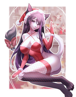 accessory anthro armwear bell big_breasts biped bow_ribbon breasts butt christmas_clothing christmas_headwear cleavage clothed clothing elbow_gloves eyebrows eyelashes feet female fishnet_clothing fishnet_legwear furgonomics gloves hair handwear hat headgear headwear hindpaw holidays inner_ear_fluff legwear leotard long_hair looking_at_viewer paws purple_eyes purple_hair red_armwear red_clothing red_elbow_gloves red_gloves red_handwear red_legwear ribbons santa_hat solo tail tail_accessory tail_bow tail_ribbon text tuft golub.lol christmas chrome_(anthrodex) felid feline mammal 2023 artist_name dated digital_media_(artwork) hi_res shaded
