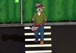 anthro clothing crosswalk embarrased_horny embarrassed erection erection_under_clothing humiliation male public public_erection public_humiliation sidewalk solo kiwiscribbles hyena mammal hi_res