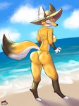 ankle_tuft anthro arm_tuft beach big_ears bikini blue_sky blush blush_lines bottomwear butt butt_pose clothing cloud digitigrade elbow_tuft embarrassed eyewear female fluffy fluffy_tail gold_bikini hat headgear headwear inner_ear_fluff leg_tuft looking_back looking_down pose sea shoulder_tuft sky solo sun_hat sunglasses swimwear tail tight_bikini tight_bottomwear tight_bra tight_clothing tuft two-piece_swimsuit water wave wide_eyed drow462 draw_this_in_your_style other_side rey_(animatedmau) canid canine fox mammal 3:4 hi_res