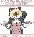 5_fingers anthro apron apron_only bakers'_confectionery biped black_eyebrows black_nose blaze_(marking) blonde_hair breasts cake cake_slice choice cleavage clothed clothing confectionery curled_tail curved_eyebrows dark_body dark_ears dark_eyebrows dark_fur dark_markings dark_nose dark_tail dessert eye_through_hair eyebrow_through_hair eyebrows facial_markings female fingers food front_view fur fur_markings gloves_(marking) grey_body grey_ears grey_face grey_fur grey_markings grey_tail hair hair_on_shoulders happy head_markings holding_cake holding_food holding_object holding_pie holding_plate iris leaning leaning_forward light_body light_breasts light_face light_fur light_hair light_hands light_inner_ear light_tail light_text looking_at_viewer markings medium_breasts monotone_apron monotone_breasts monotone_clothing monotone_hair monotone_hands monotone_inner_ear mostly_nude multicolored_face multicolored_tail open_mouth open_smile orange_eyes orange_pupils pastry pie pie_slice pink_text pink_tongue plate pupils question simple_background smile solo symbolism tail tan_apron tan_clothing text thick_tail thin_eyebrows tongue translucent translucent_hair two_tone_face two_tone_tail white_background white_body white_breasts white_face white_fur white_hands white_inner_ear white_tail ajin mammal mephitid skunk 2007 flat_colors