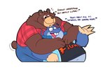 2024 3:2 anthro bear belly big_belly blue_body brown_body brown_fur cade_maplebottom clothing duo dylan_ramos english_text eulipotyphlan eyes_closed fur hug hugging_another hugging_from_behind kemono leothelionel male male/male mammal mole_(animal) overalls overweight overweight_male shirt simple_background tail tail_motion tailwag text the_human_heart_(game) topwear white_background