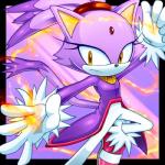 1:1 5_fingers abstract_background anthro black_border blaze_the_cat border clothed clothing domestic_cat eyelashes felid feline felis female fingers forehead_gem fur gem long_eyelashes looking_at_viewer low_res mammal purple_body purple_fur sasisage sega simple_background solo sonic_the_hedgehog_(series) thin_calves thin_legs thin_thighs yellow_eyes