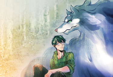 domestic_pet duo feral green_eyes male master size_difference hndir2 campfire_cooking_in_another_world_with_my_absurd_skill fel_(campfire_cooking) mukoda_tsuyoshi canid canine canis human mammal wolf hi_res
