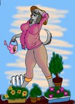 anthro belly big_breasts bottomwear breasts clothing female fence flower fur garden gardening grey_body grey_fur grey_hair hair hat headgear headwear one_eye_closed pants plant pottery pregnant shirt solo topwear watering_can danellz canid canine canis domestic_dog mammal digital_media_(artwork)