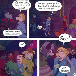 ambiguous_gender anthro barefoot black_clothing black_hair black_shirt black_topwear blonde_hair blue_eyes bottomwear brown_eyes calling_out cheek_tuft clothing crowded dialogue dumpster eye_contact eyes_closed facial_tuft feet flannel_shirt four_frame_image fur grey_body grey_fur hair hoodie inside logo looking_at_another male nightclub page_number pants question_mark shirt smile speech_bubble standing text topwear tuft yellow_body yellow_fur kriek_wildebeest background_character jeremy_(kriek_wildebeest) tom_(kriek_wildebeest) border_collie canid canine canis collie domestic_dog herding_dog husky hybrid mammal nordic_sled_dog pastoral_dog sheepdog spitz wolf 1:1 artist_logo comic english_text hi_res multiple_scenes