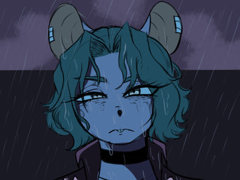 anthro choker clothing ear_piercing female frown fur green_hair hair jacket jewelry looking_at_viewer necklace piercing raining round_ears scowl solo topwear water wet wet_body wet_fur omegamax esmeralda_(omegamax) mammal murid murine rodent 4:3 colored hi_res
