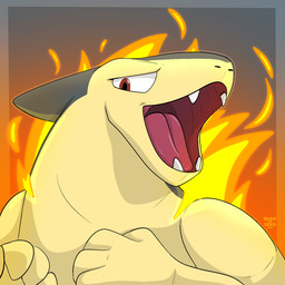 black_outline fangs fire grey_background open_mouth outline red_eyes simple_background snout teeth text tongue yellow_body bluezii nintendo pokemon generation_2_pokemon pokemon_(species) typhlosion 1:1 2024 artist_name dated hi_res