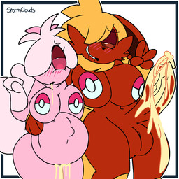 after_sex anthro anthrofied balls big_breasts big_penis blonde_hair blush blush_lines bodily_fluids breasts cum cum_drip cum_in_mouth cum_in_vagina cum_inflation cum_inside cum_on_penis dripping duo ejaculation eyelashes female genital_fluids genitals gesture gynomorph hair hair_over_eye hand_gesture inflation intersex intersex/female navel nude nude_anthro nude_female pasties penis pink_body pink_hair pokeball_pasties pokemorph red_body red_sclera smile thick_thighs v_sign vulva white_eyes wide_hips unfortu-nate nintendo pokemon felicity_(unfortu-nate) frillene_(unfortu-nate) eeveelution flareon frillish generation_1_pokemon generation_5_pokemon pokemon_(species) 1:1 2024 digital_media_(artwork) hi_res