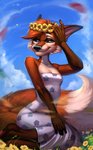 anthro blue_eyes breasts clothed clothing dress female floral flower flower_crown flower_garland fur garland head_wreath plant small_breasts smile solo sundress ulitochka rue_(no_9) canid canine canis japanese_wolf mammal recently_extinct_species wolf digital_media_(artwork) hi_res shaded