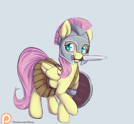 armor bottomwear clothed clothing feathered_wings feathers female feral hair headgear helmet melee_weapon mouth_hold object_in_mouth patreon_logo patreon_username pink_hair shield simple_background skirt solo sword sword_in_mouth teal_eyes text weapon website_logo wings yellow_body yellow_feathers alasou friendship_is_magic hasbro my_little_pony mythology patreon fluttershy_(mlp) equid equine mammal mythological_creature mythological_equine pegasus 2016 digital_media_(artwork) english_text hi_res url