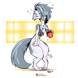 anthro areola beverage black_clothing black_crop_top black_shirt black_tank_top black_topwear bottomless breasts cheek_tuft chest_tuft clothed clothing coffee coffee_mug container crop_top cup digitigrade dog_tags eyes_closed facial_tuft female fur genitals grey_body grey_fur grey_hair hair holding_coffee_mug holding_container holding_cup holding_mug holding_object innie_vulva mug nipples one_breast_out outer_labia shirt simple_background slim small_breasts snaggle_tooth solo spilling_drink standing tail tank_top topwear tuft vulva waking_up white_body white_fur kiaun raeli_(nivik) mammal mink mustelid musteline true_musteline 1:1 colored digital_media_(artwork) full-length_portrait hi_res portrait