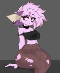 anthro clothing female fishnet_clothing fishnet_legwear hair legwear piercing pink_body short_hair solo torn_clothing ri_denueth emie domestic_cat felid feline felis mammal hi_res