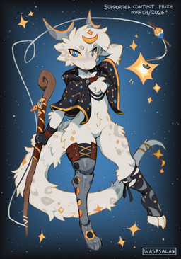 ambiguous_gender anthro blue_eyes cloak clothing constellation cosmic_background featureless_crotch fish_hook fishing_rod footwear fur head_tuft holding_object hook looking_at_viewer markings moon_(marking) prosthetic prosthetic_leg prosthetic_limb socks solo space space_background star star_(marking) text thick_thighs tuft white_body wide_hips waspsalad furred_kobold furred_scalie kobold scalie english_text hi_res
