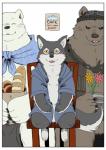 anthro blush brown_body brown_fur clothing eyes_closed fur group male robe sitting text white_body white_fur shirokumaou shirokuma_cafe grizzly_(shirokuma_cafe) okami_(shirokuma_cafe) shirokuma bear canid canine canis mammal polar_bear ursine wolf 2017 english_text