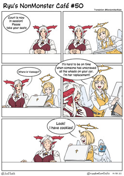 base_three_layout big_breasts blockage_(layout) blonde_hair breasts cleavage clothed clothing cookie cross eye_contact eyelashes feathered_wings feathers female five_frame_image food hair half-closed_eyes halo horizontal_blockage horn humanoid_pointy_ears long_hair looking_at_another looking_away narrowed_eyes nervous nervous_smile open_mouth pale_skin pointy_ears red_clothing red_ears red_horn red_suit short_hair sidelocks simple_background sitting smile speech_bubble suit suitcase text three_row_layout white_background white_hair white_suitcase wings yellow_clothing yellow_eyes yellow_suit randomtanstudio mythology ryu's_non_monster_cafe holly_greatman_(randomtanstudio) ryu_(randomtanstudio) angel angel_humanoid animal_humanoid dragon dragon_humanoid humanoid mythological_creature mythological_scalie scalie comic english_text hi_res