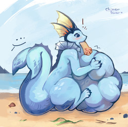 beach belly big_belly big_butt blue_body blue_sky bulge butt caught_in_the_act claws duo feral huge_belly hyper hyper_belly male male/male pawpads paws predator/prey sky tail thick_thighs vore water chimerfever nintendo pokemon eeveelution generation_1_pokemon pokemon_(species) vaporeon absurd_res hi_res