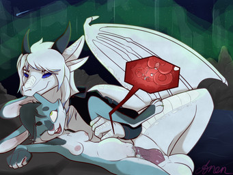 aggressive_fertilization anthro areola aurora_(phenomenon) balls bite bodily_fluids breasts cum cum_in_vagina cum_inflation cum_inside duo ear_bite female female_penetrated fur genital_fluids genitals green_eyes hair holding_leg holding_leg_up impregnation inflation internal knot knotted_penis lying male male/female mountain night nipples nude on_side open_mouth outside outside_sex ovum penetration penis raised_leg sex size_difference sky smile sperm_cell spread_legs spreading star teeth vaginal vaginal_penetration anentheotter astra_(anentheotter) aurellia_(silver_guardian) hybrid mammal marsupial mustelid ottaroo silver_dragon 2026 4:3 digital_media_(artwork) hi_res signature