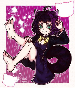 5_toes black_clothing bow_tie cleavage_cutout clothed clothing cutout detailed_background feet female green_eyes hair nails pale_skin paws purple_clothing purple_ears purple_hair sharp_nails smile toes yellow_bow_tie kaniho_90 mela_(kaniho_90) animal_humanoid cat_humanoid domestic_cat felid felid_humanoid feline feline_humanoid felis human humanoid mammal mammal_humanoid