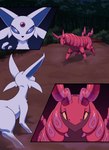 ambiguous_gender angry clearing dirt_floor feral forest night plant shrub tree cuchuflin nintendo pokemon eeveelution espeon generation_2_pokemon generation_5_pokemon pokemon_(species) scolipede absurd_res comic hi_res