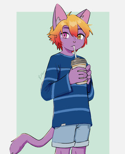 beverage bottomwear clothing drinking drinking_straw fur hair heterochromia kemono male orange_hair purple_body purple_fur shorts solo sweater topwear young strayrozerem roze_(strayrozerem) domestic_cat felid feline felis mammal 2025 absurd_res hi_res portrait three-quarter_portrait