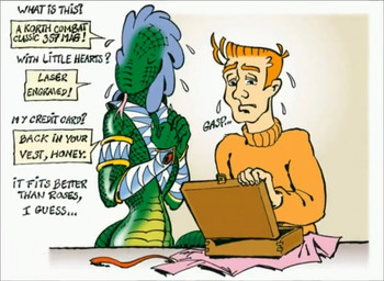 ambiguous_gender armlet armor blue_frill bodily_fluids bottomless box bracers case clothed clothed_female clothed_male clothing container duo female forked_tongue gift_box gift_wrapping green_body green_scales hair inside male orange_clothing orange_hair orange_shirt orange_topwear scales shirt standing sweat sweatdrop sweater text tongue topwear vladcorail greenaline alien human mammal reptile scalie english_text
